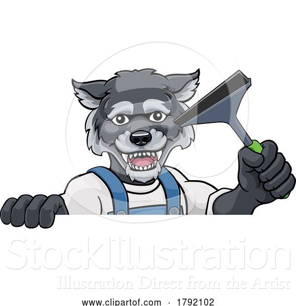 Vector Illustration of Cartoon Wolf Car or Window Cleaner Holding Squeegee