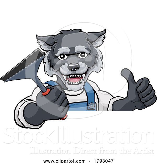 Vector Illustration of Cartoon Wolf Car or Window Cleaner Holding Squeegee