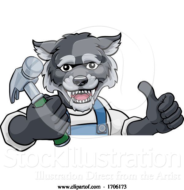 Vector Illustration of Cartoon Wolf Carpenter Handyman Builder Holding Hammer