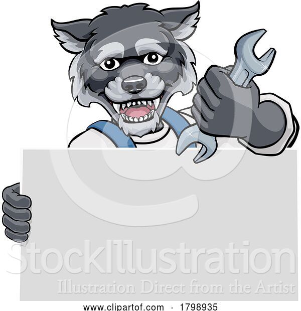 Vector Illustration of Cartoon Wolf Mechanic Plumber Spanner Wrench Handyman