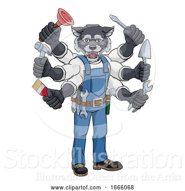 Vector Illustration of Cartoon Wolf Multitasking Handyman Holding Tools