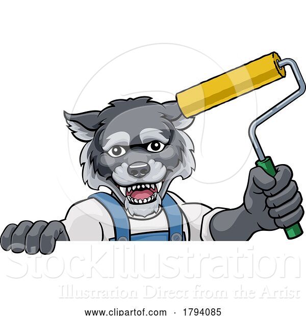 Vector Illustration of Cartoon Wolf Painter Decorator Paint Roller Mascot Guy