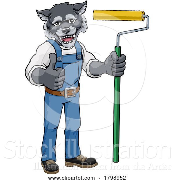 Vector Illustration of Cartoon Wolf Painter Decorator Paint Roller Mascot Guy