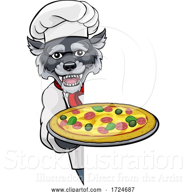 Vector Illustration of Cartoon Wolf Pizza Chef Restaurant Mascot Sign