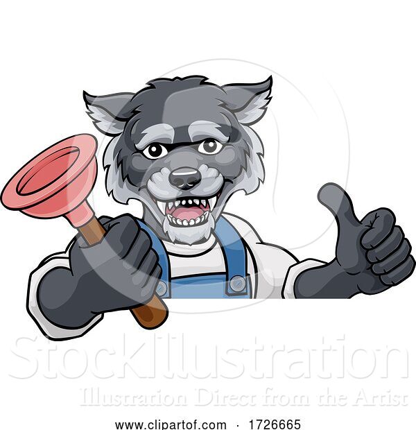 Vector Illustration of Cartoon Wolf Plumber Mascot Holding Plunger