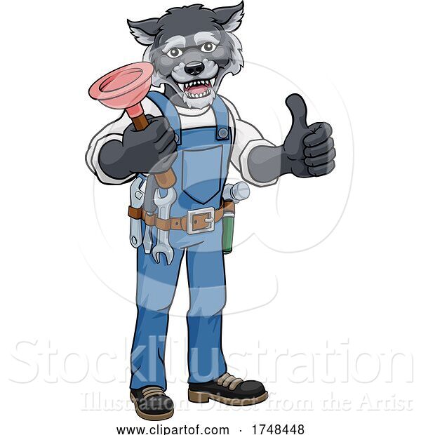 Vector Illustration of Cartoon Wolf Plumber Mascot Holding Plunger