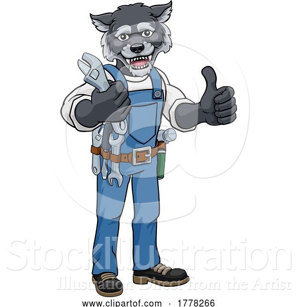 Vector Illustration of Cartoon Wolf Plumber or Mechanic Holding Spanner