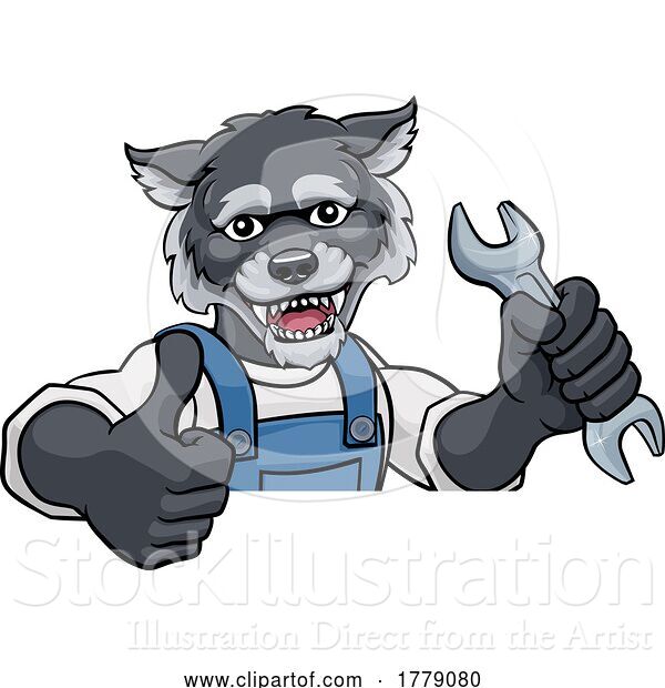 Vector Illustration of Cartoon Wolf Plumber or Mechanic Holding Spanner