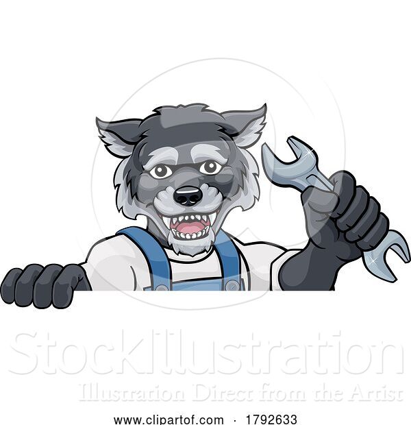 Vector Illustration of Cartoon Wolf Plumber or Mechanic Holding Spanner