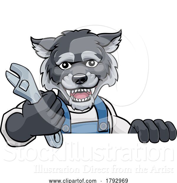 Vector Illustration of Cartoon Wolf Plumber or Mechanic Holding Spanner