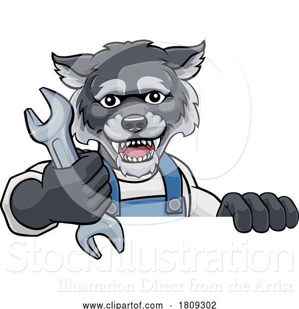 Vector Illustration of Cartoon Wolf Plumber or Mechanic Holding Spanner