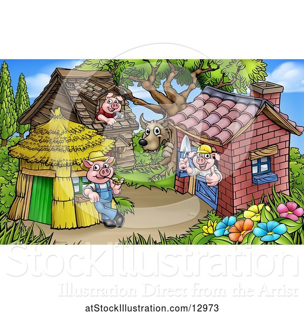 Vector Illustration of Cartoon Wolf Watching Piggies at Their Brick, Wood and Straw Houses