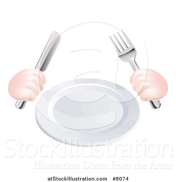 Vector Illustration of Caucasian Hands Holding a Knife and Fork by a Clean White Plate