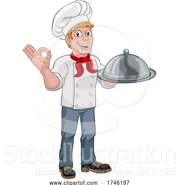 Vector Illustration of Chef Cook Guy Holding a Dome Tray