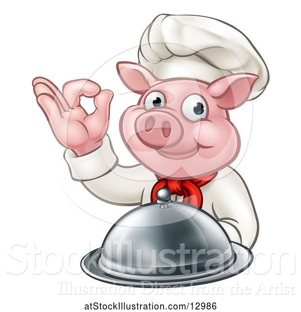 Vector Illustration of Chef Pig Holding a Cloche and Gesturing Okay