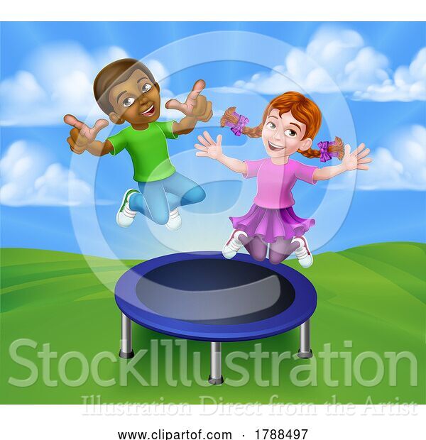 Vector Illustration of Children Jumping on a Round Trampoline