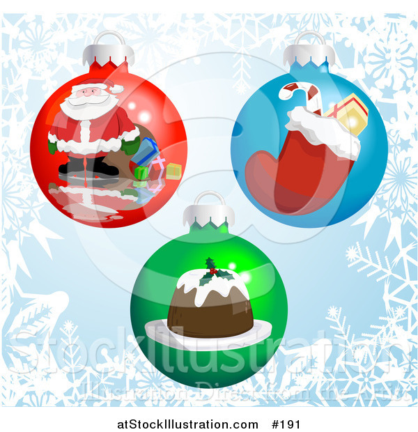 Vector Illustration of Christmas Bauble Ornaments with Pictures of Santa, a Stocking and Pudding