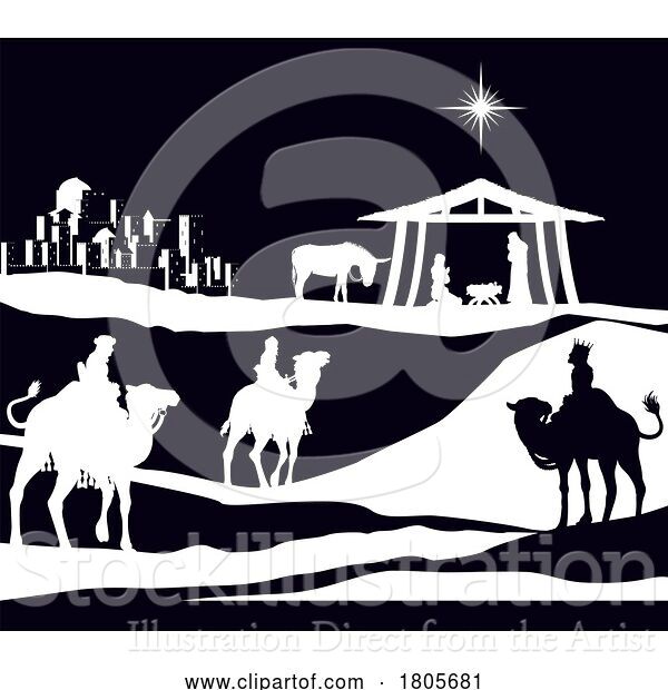 Vector Illustration of Christmas Nativity Scene Bethlehem Manger Wise Men