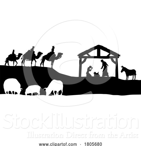 Vector Illustration of Christmas Nativity Scene Bethlehem Manger Wise Men