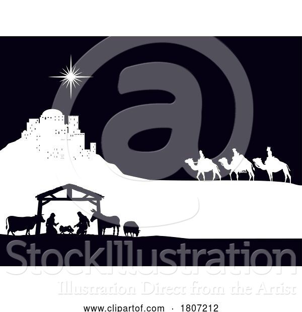 Vector Illustration of Christmas Nativity Scene Bethlehem Manger Wise Men