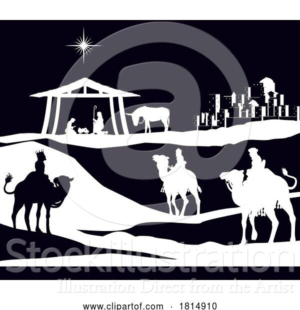 Vector Illustration of Christmas Nativity Scene Bethlehem Manger Wise Men