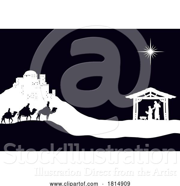 Vector Illustration of Christmas Nativity Scene Bethlehem Manger Wise Men