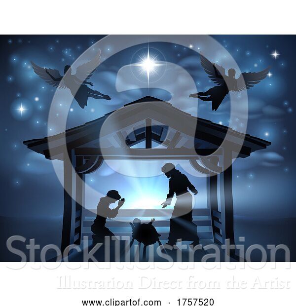 Vector Illustration of Christmas Nativity Scene Jesus Manger Silhouette