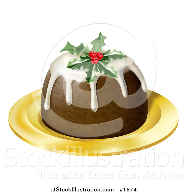 Vector Illustration of Christmas Pudding Topped with Holly and Berries, on a Gold Plate