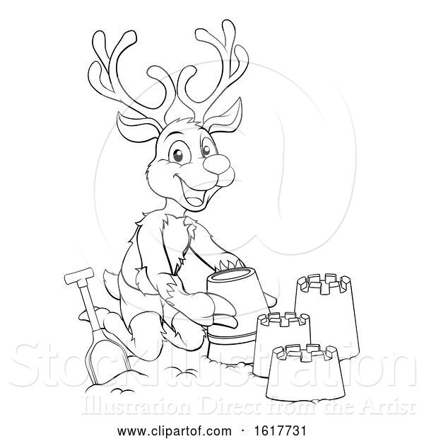 Vector Illustration of Christmas Reindeer on Beach Making Sandcastles