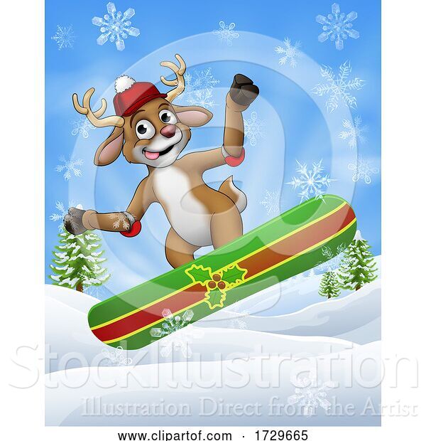 Vector Illustration of Christmas Reindeer Snowboarding in Snow