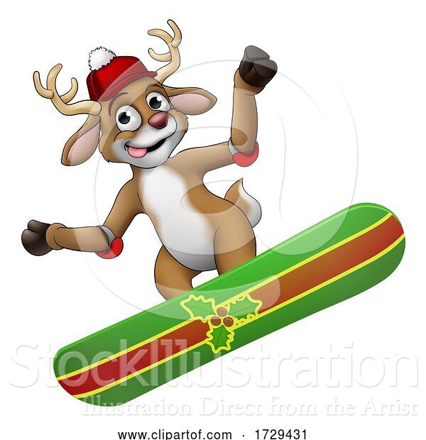 Vector Illustration of Christmas Reindeer Snowboarding Snow Board