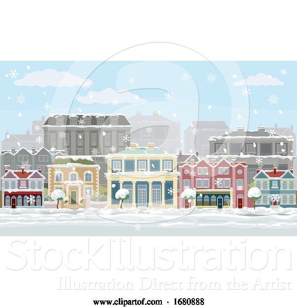 Vector Illustration of Christmas Snow Houses and Shops Street Scene