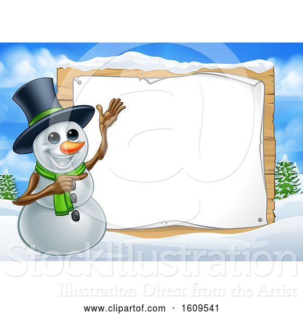 Vector Illustration of Christmas Snowman by a Blank Sign in a Winter Landscape