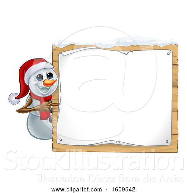 Vector Illustration of Christmas Snowman Wearing a Scarf and a Santa Hat by a Sign