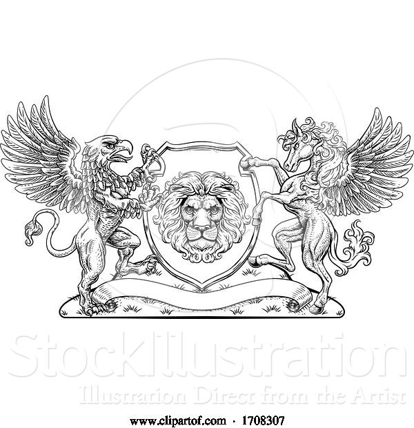 Vector Illustration of Coat of Arms Crest Griffin Pegasus Lion Shield