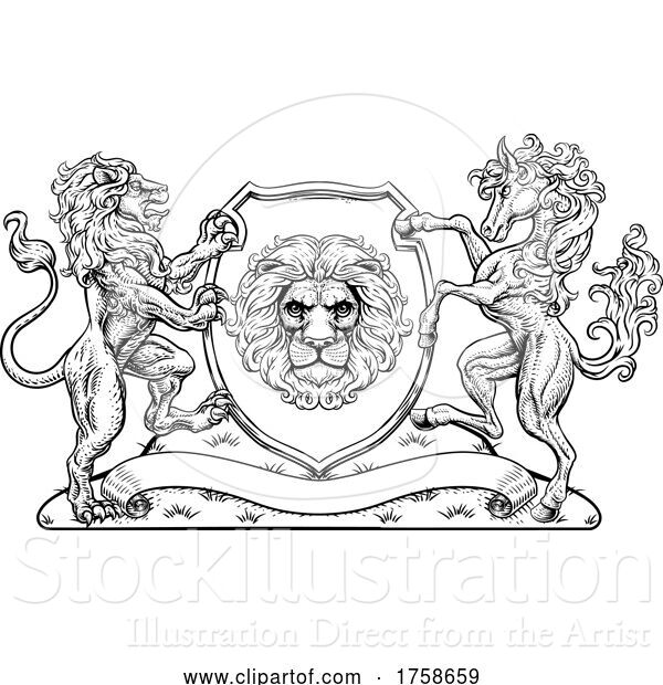 Vector Illustration of Coat of Arms Horse Lions Crest Shield Family Seal