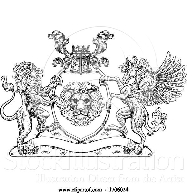 Vector Illustration of Coat of Arms Pegasus Lion Crest Shield Family Seal