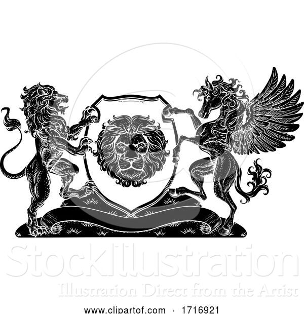 Vector Illustration of Coat of Arms Pegasus Lion Crest Shield Family Seal