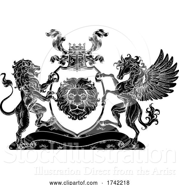 Vector Illustration of Coat of Arms Pegasus Lion Crest Shield Family Seal