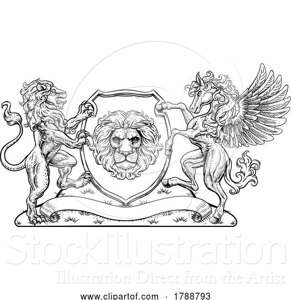 Vector Illustration of Coat of Arms Pegasus Lion Crest Shield Family Seal