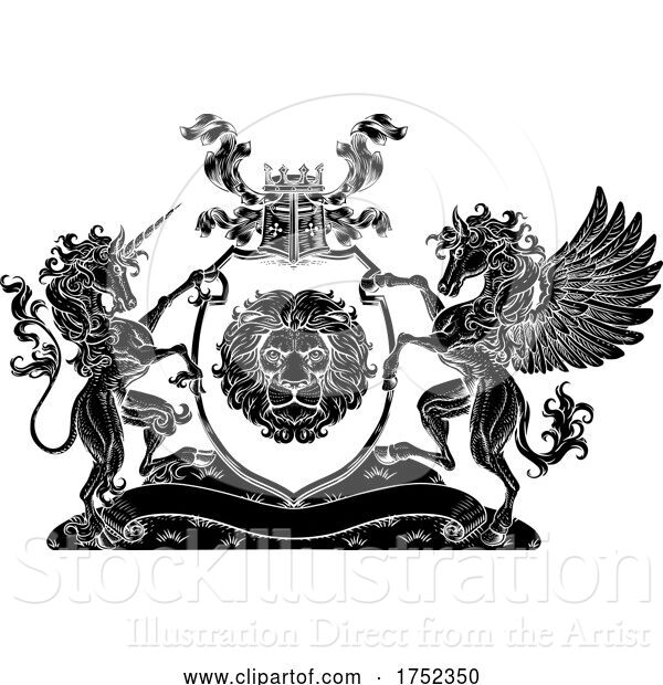 Vector Illustration of Coat of Arms Pegasus Unicorn Crest Lion Shield