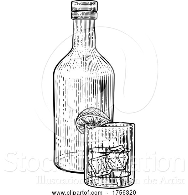 Vector Illustration of Cocktail Glass and Bottle Vintage Style