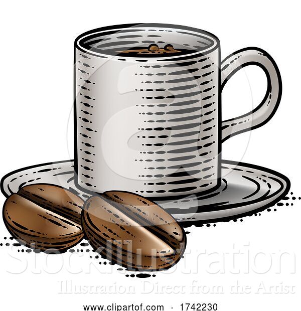 Vector Illustration of Coffee Beans and Cup Vintage Woodcut Illustration