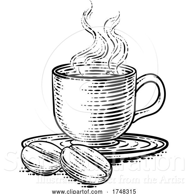 Vector Illustration of Coffee Beans and Cup Vintage Woodcut Illustration