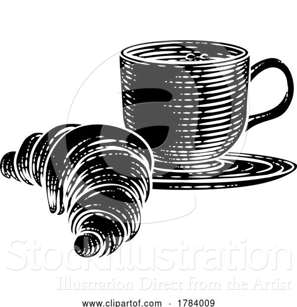 Vector Illustration of Coffee Tea Cup Mug and Croissant Woodcut