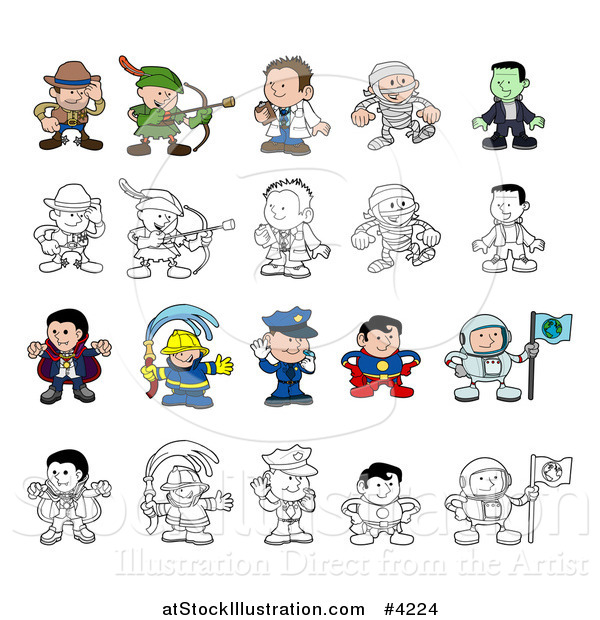 Vector Illustration of Colored and Outlined People and Children in Halloween Costumes and Uniforms