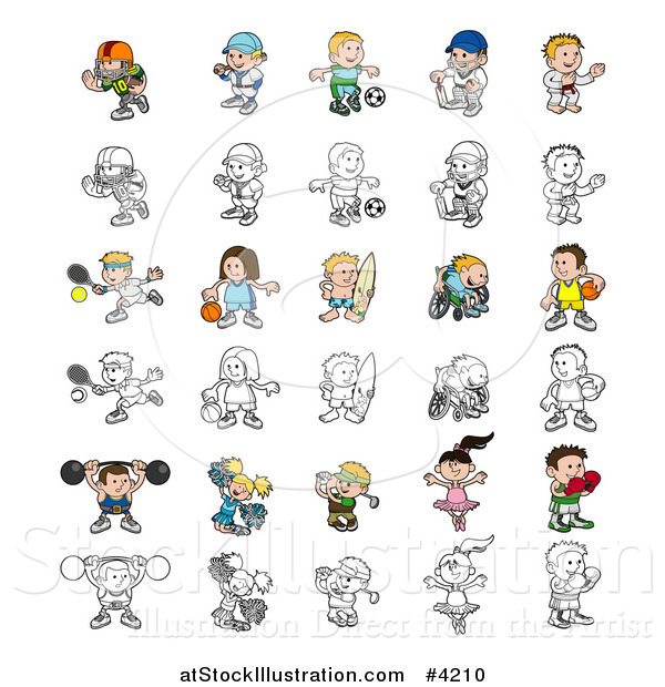 Vector Illustration of Colored and Outlined People Engaged in Different Sports