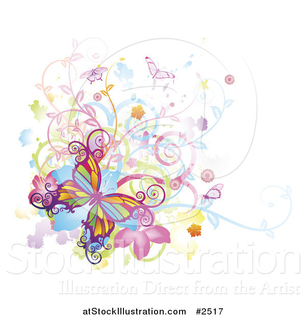 Vector Illustration of Colorful Butterflies Swirls Vines and Flowers with Grunge on White