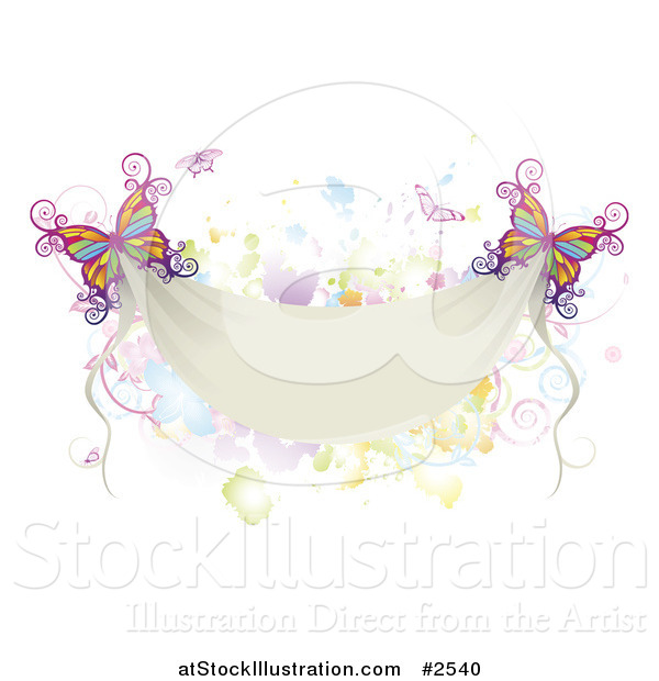 Vector Illustration of Colorful Butterflies with a Blank Banner and Splatters