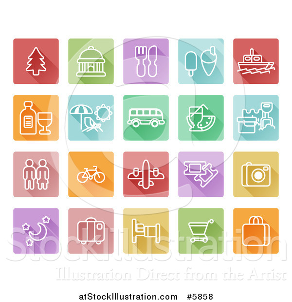 Vector Illustration of Colorful Flat Design Square Travel Icons